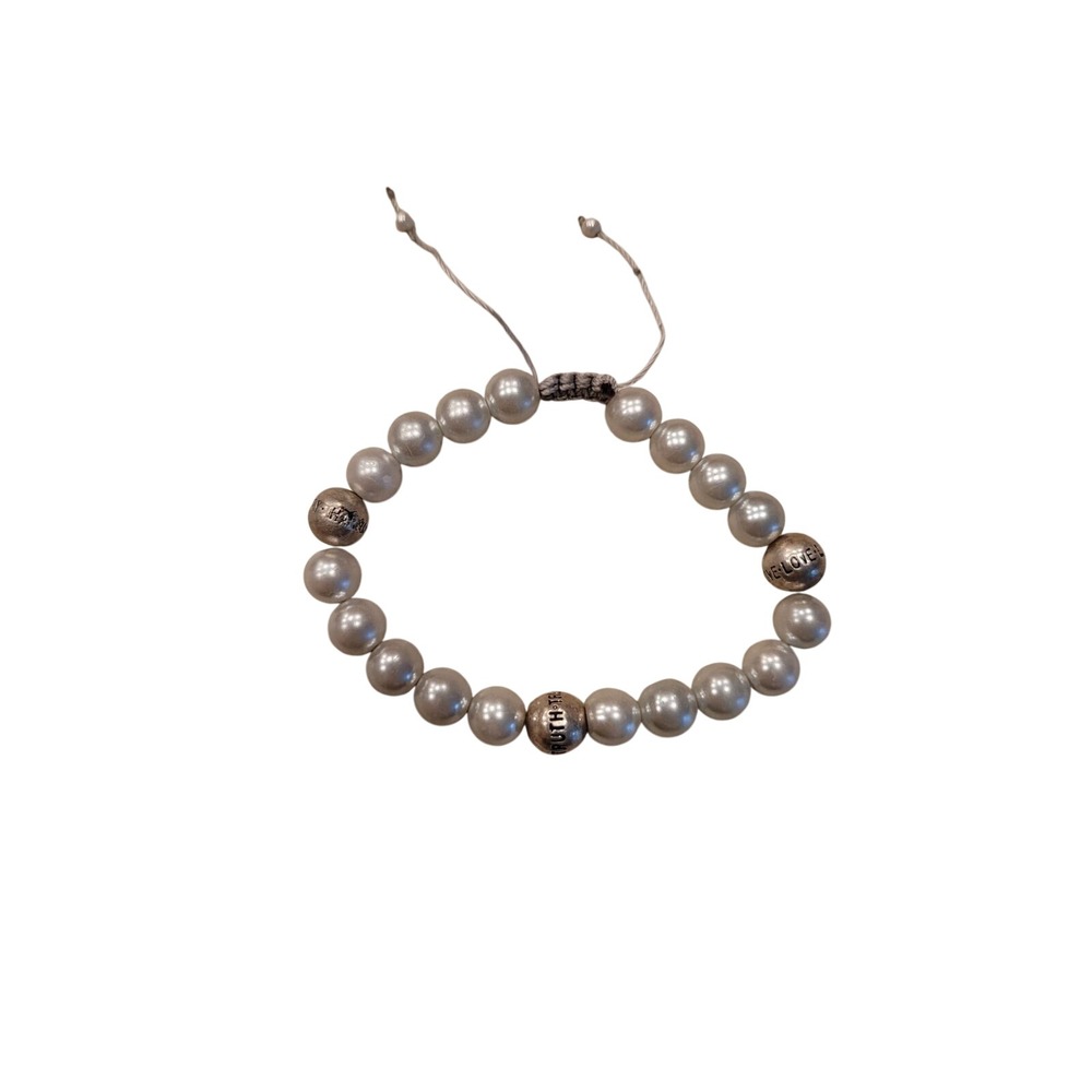 Inspirational Faux Pearl Adjustable Cord Bracelet Silver Tone Truth Faith Beads